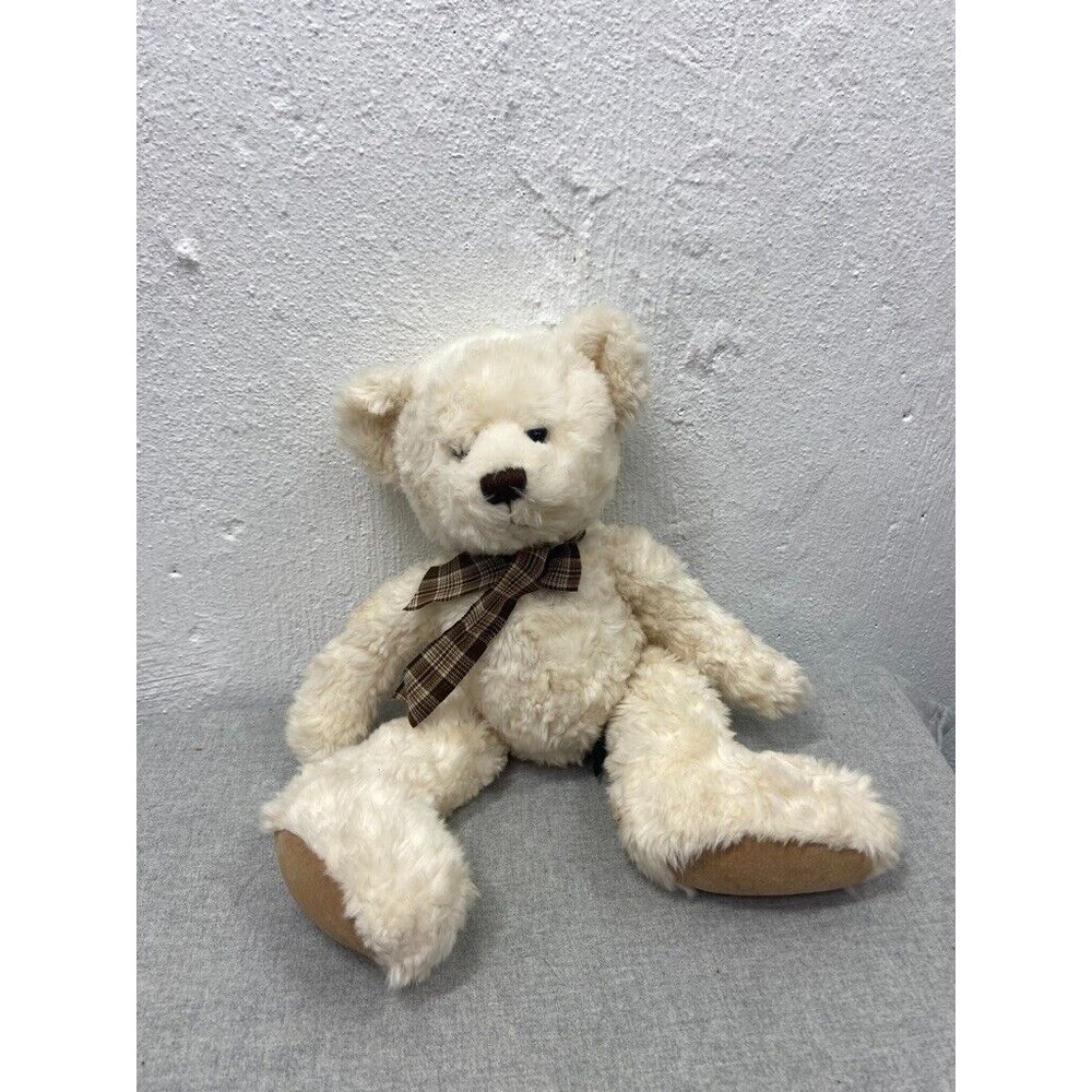RUSS CASWELL WHITE BEAN BAG BEAR WITH BOW 15 IN